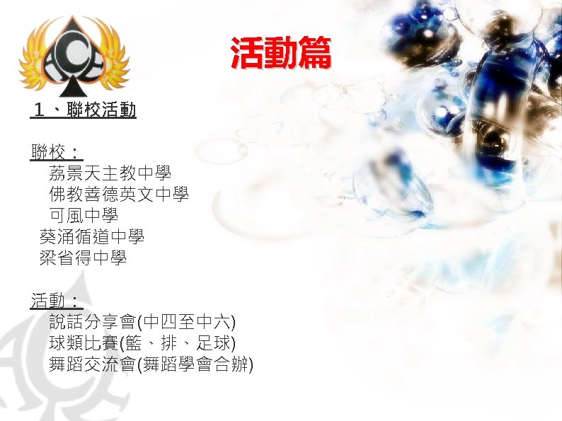 活動篇 １、聯校活動 聯校： 　荔景天主教中學 　佛教善德英文中學 　可風中學 葵涌循道中學 梁省得中學 活動： 　說話分享會(中四至中六) 　球類比賽(籃、排、足球) 　舞蹈交流會(舞蹈學會合辦) 