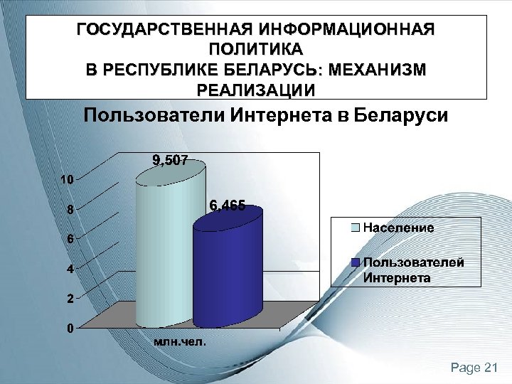 ГОСУДАРСТВЕННАЯ ИНФОРМАЦИОННАЯ ПОЛИТИКА В РЕСПУБЛИКЕ БЕЛАРУСЬ: МЕХАНИЗМ РЕАЛИЗАЦИИ Пользователи Интернета в Беларуси Page 21