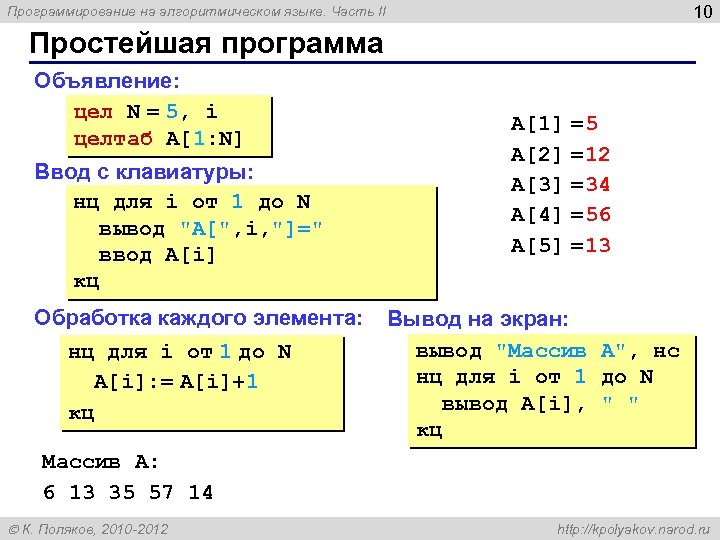 10 Программирование на алгоритмическом языке. Часть II Простейшая программа Объявление: цел N = 5,