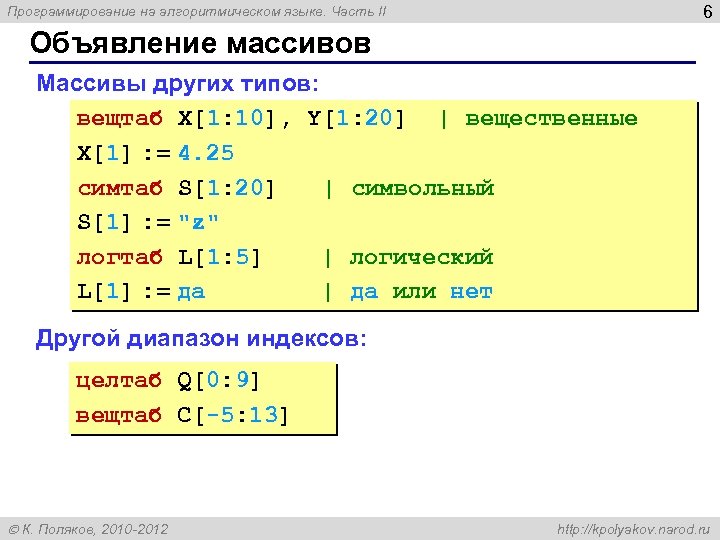 6 Программирование на алгоритмическом языке. Часть II Объявление массивов Массивы других типов: вещтаб X[1: