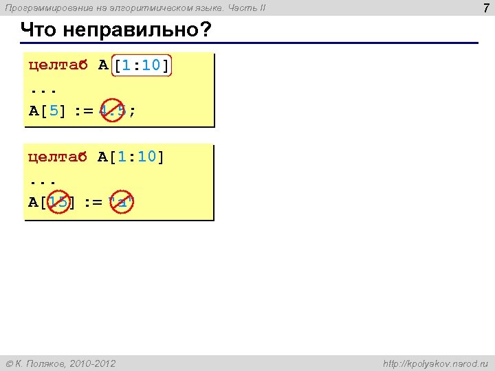 Программирование на алгоритмическом языке. Часть II 7 Что неправильно? целтаб A [1: 10] [10: