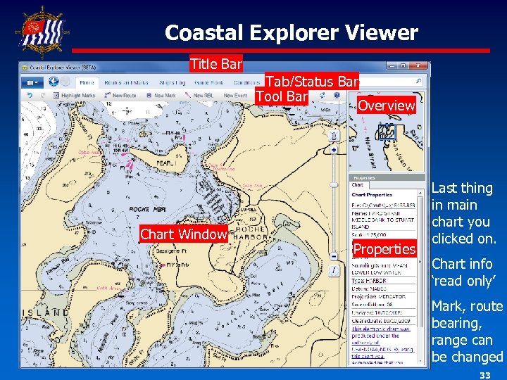 Coastal Explorer Viewer Title Bar Tab/Status Bar Tool Bar Overview Chart Window Properties Last
