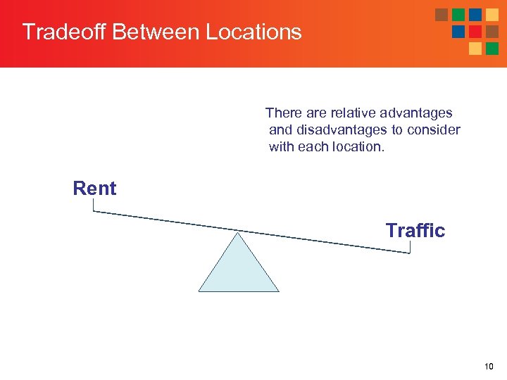 Tradeoff Between Locations There are relative advantages and disadvantages to consider with each location.