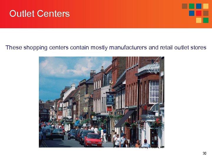 Outlet Centers These shopping centers contain mostly manufacturers and retail outlet stores Courtesy of