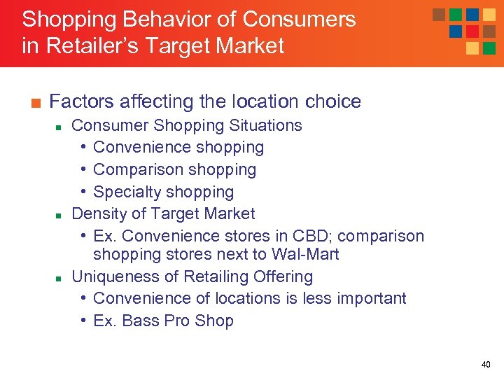 Shopping Behavior of Consumers in Retailer’s Target Market ■ Factors affecting the location choice