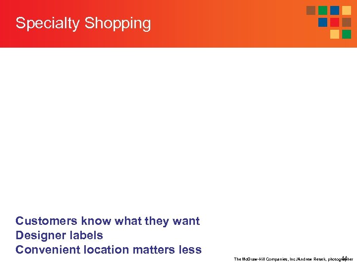 Specialty Shopping Customers know what they want Designer labels Convenient location matters less The
