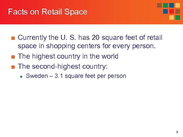 Facts on Retail Space ■ Currently the U. S. has 20 square feet of