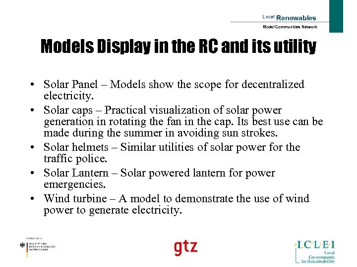 Local Renewables Model Communities Network Models Display in the RC and its utility •