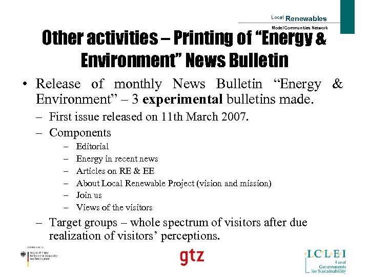 Local Renewables Model Communities Network Other activities – Printing of “Energy & Environment” News