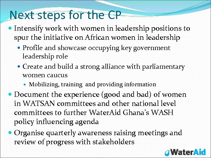 Next steps for the CP Intensify work with women in leadership positions to spur