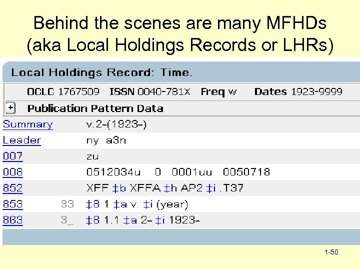 Behind the scenes are many MFHDs (aka Local Holdings Records or LHRs) 1 -50