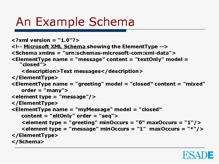 An Example Schema <? xml version = "1. 0"? > <!-- Microsoft XML Schema