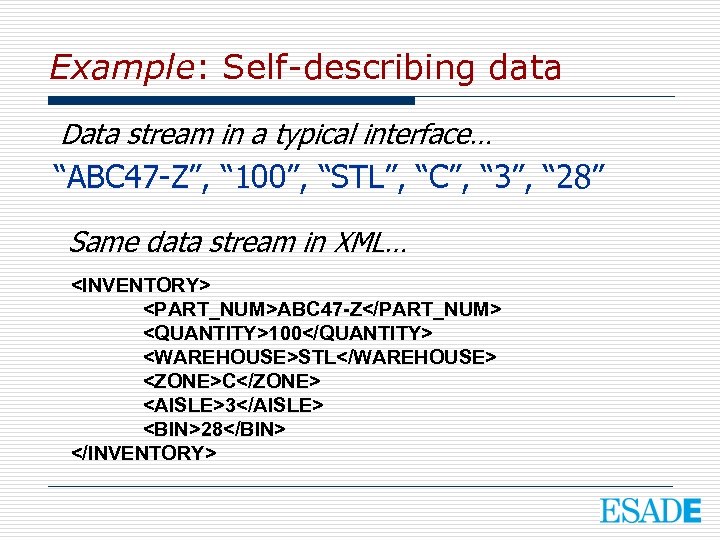 Example: Self-describing data Data stream in a typical interface… “ABC 47 -Z”, “ 100”,