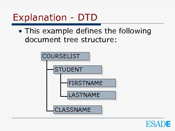 Explanation - DTD • This example defines the following document tree structure: COURSELIST STUDENT