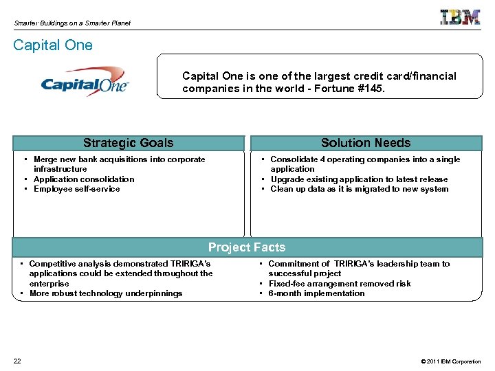 Smarter Buildings on a Smarter Planet Capital One is one of the largest credit