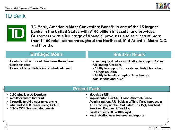 Smarter Buildings on a Smarter Planet TD Bank, America’s Most Convenient Bank®, is one