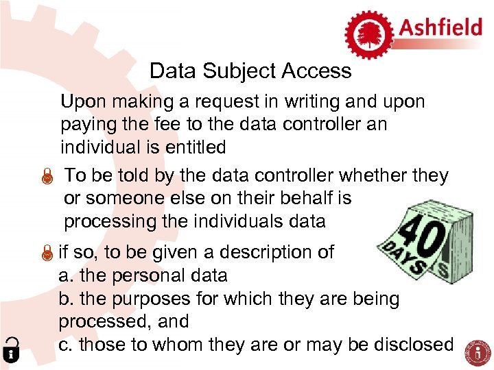 Data Subject Access Upon making a request in writing and upon paying the fee