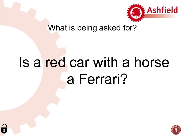 What is being asked for? Is a red car with a horse a Ferrari?