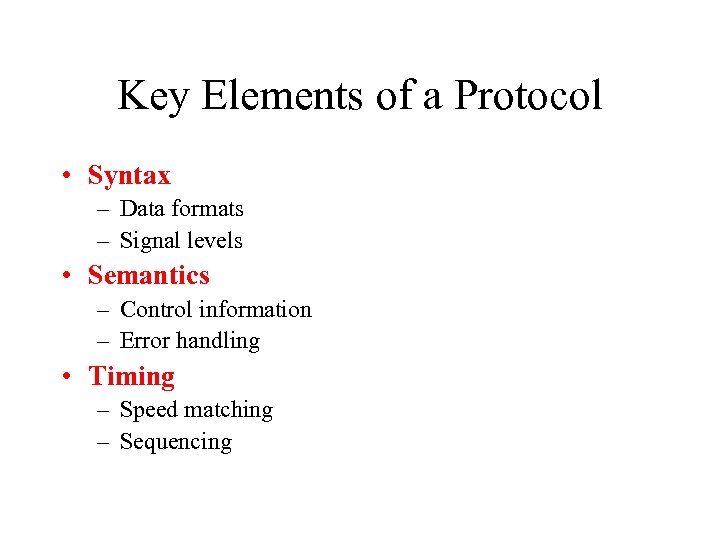 Key Elements of a Protocol • Syntax – Data formats – Signal levels •