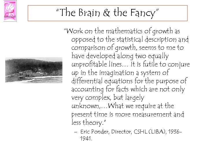 “The Brain & the Fancy” “Work on the mathematics of growth as opposed to