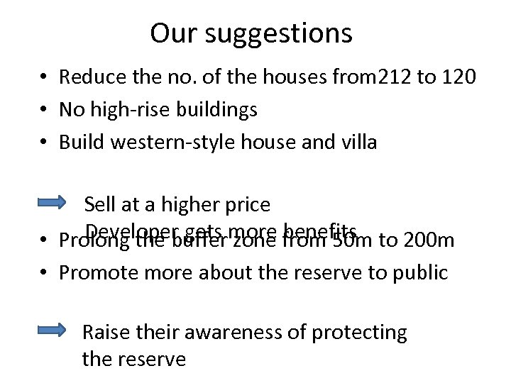Our suggestions • Reduce the no. of the houses from 212 to 120 •
