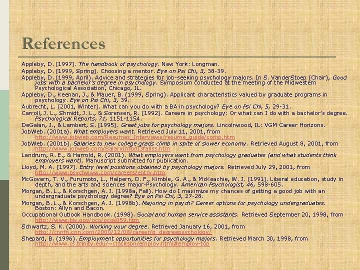 References Appleby, D. (1997). The handbook of psychology. New York: Longman. Appleby, D. (1999,