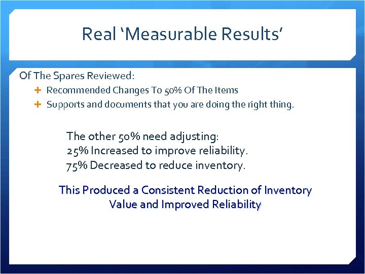 Real ‘Measurable Results’ Of The Spares Reviewed: Recommended Changes To 50% Of The Items