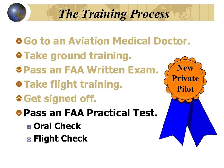 The Training Process Go to an Aviation Medical Doctor. Take ground training. New Pass