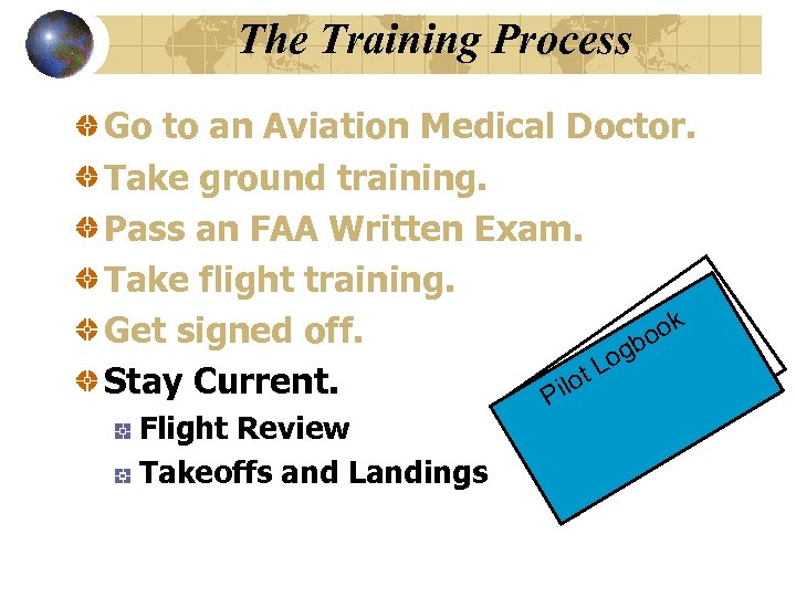 The Training Process Go to an Aviation Medical Doctor. Take ground training. Pass an