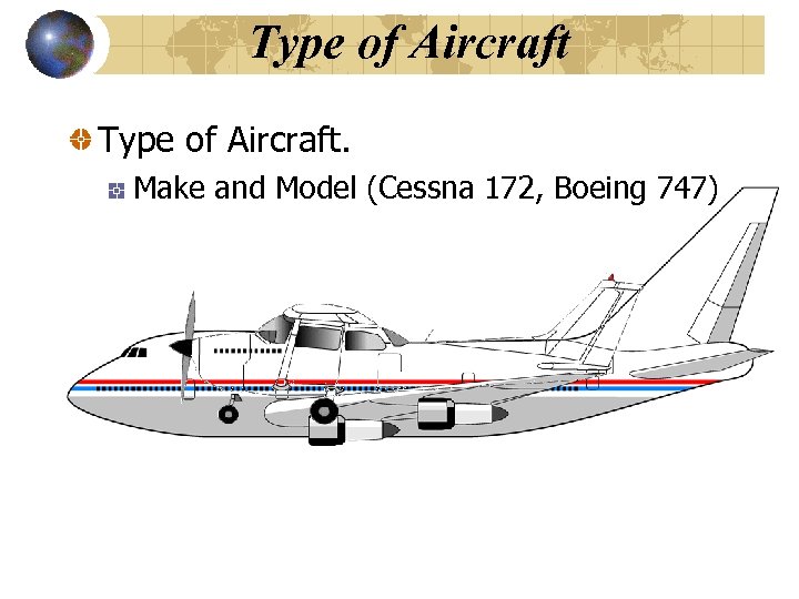 Type of Aircraft. Make and Model (Cessna 172, Boeing 747) 