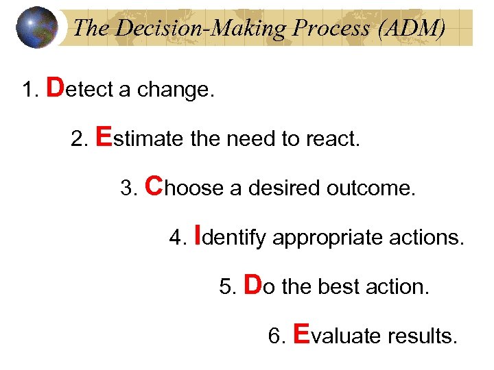 The Decision-Making Process (ADM) 1. Detect a change. 2. Estimate the need to react.