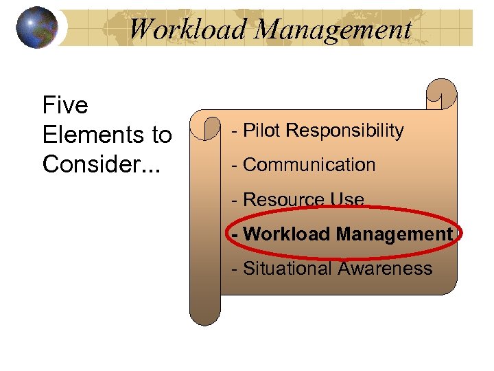 Workload Management Five Elements to Consider. . . - Pilot Responsibility - Communication -