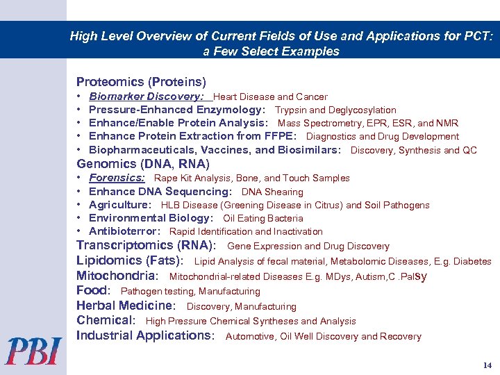 High Level Overview of Current Fields of Use and Applications for PCT: a Few