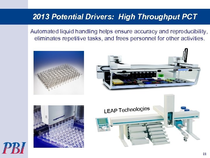 2013 Potential Drivers: High Throughput PCT Automated liquid handling helps ensure accuracy and reproducibility,