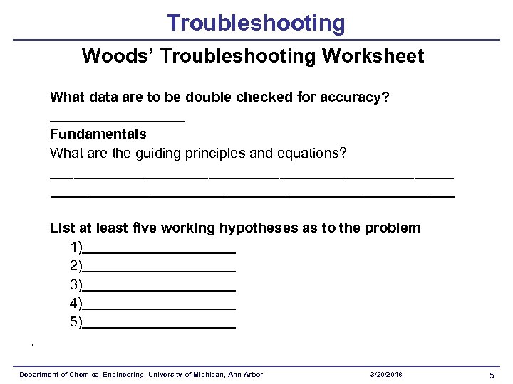 Troubleshooting Woods’ Troubleshooting Worksheet What data are to be double checked for accuracy? Fundamentals