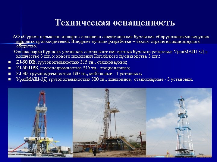 Техническая оснащенность n n АО «Сурхон пармалаш ишлари» оснашена современными буровыми оборудованиями ведущих мировых