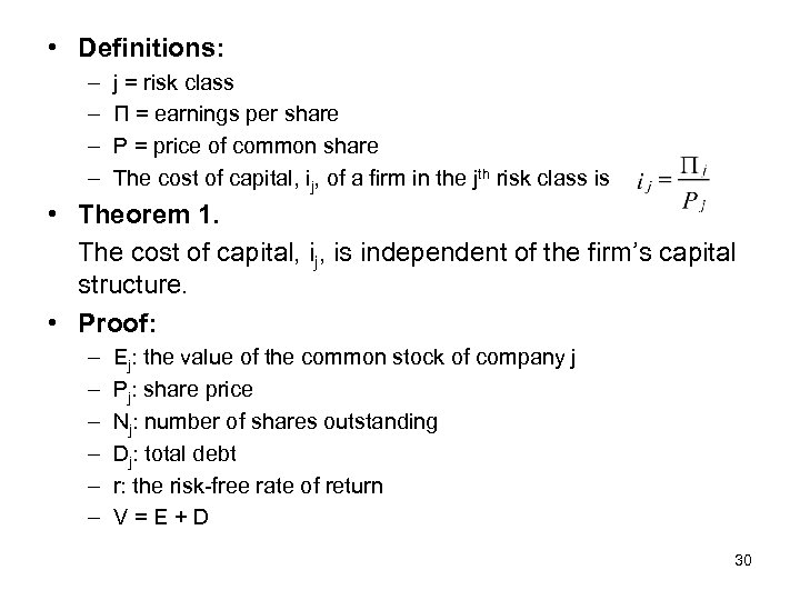  • Definitions: – – j = risk class Π = earnings per share