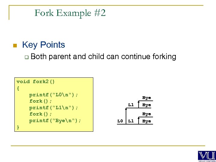 Fork Example #2 n Key Points q Both parent and child can continue forking