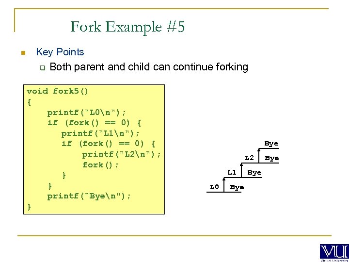 Fork Example #5 n Key Points q Both parent and child can continue forking
