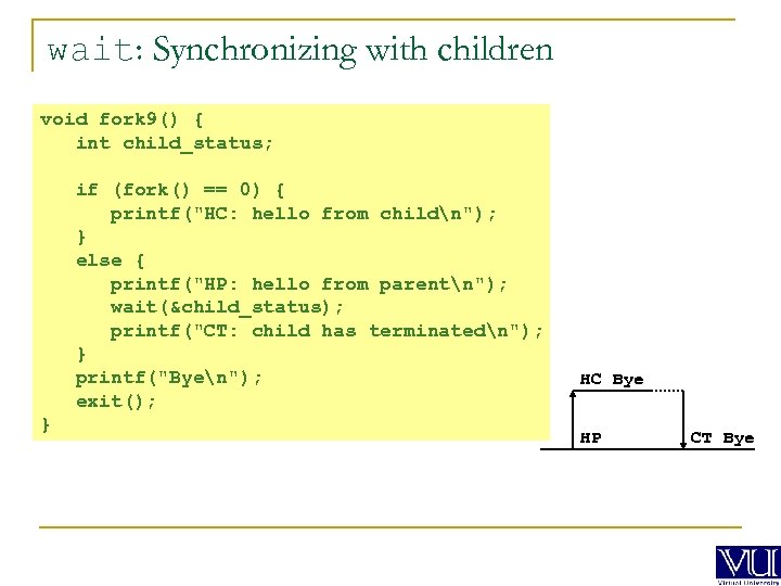 wait: Synchronizing with children void fork 9() { int child_status; if (fork() == 0)