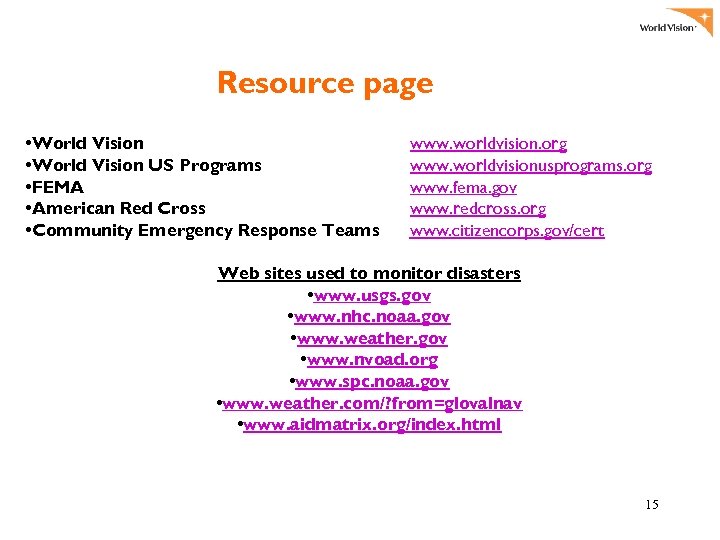 Resource page • World Vision US Programs • FEMA • American Red Cross •