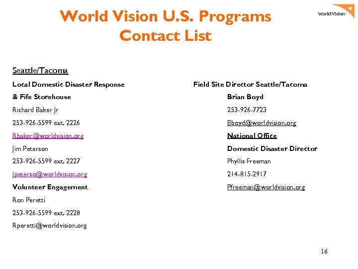 World Vision U. S. Programs Contact List Seattle/Tacoma Local Domestic Disaster Response Field Site