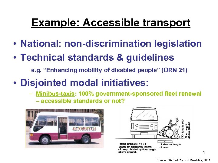Example: Accessible transport • National: non-discrimination legislation • Technical standards & guidelines e. g.