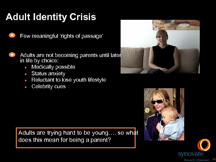Adult Identity Crisis Few meaningful ‘rights of passage’ Adults are not becoming parents until