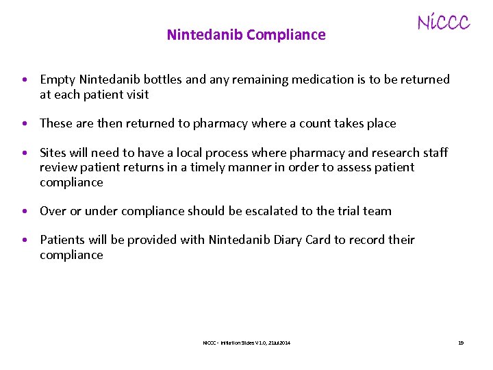 Nintedanib Compliance • Empty Nintedanib bottles and any remaining medication is to be returned