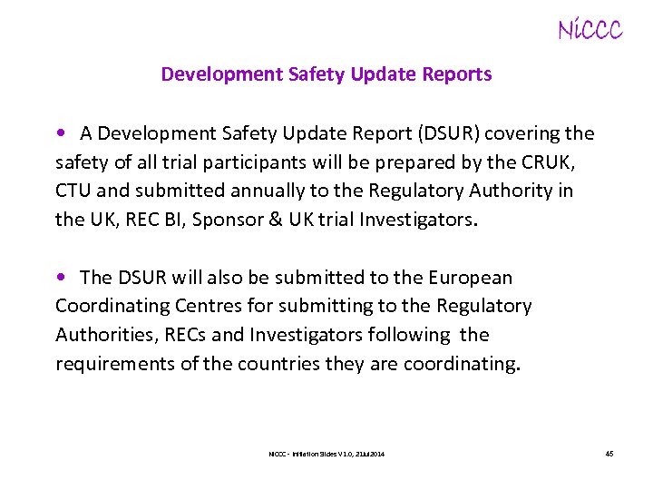 Development Safety Update Reports • A Development Safety Update Report (DSUR) covering the safety