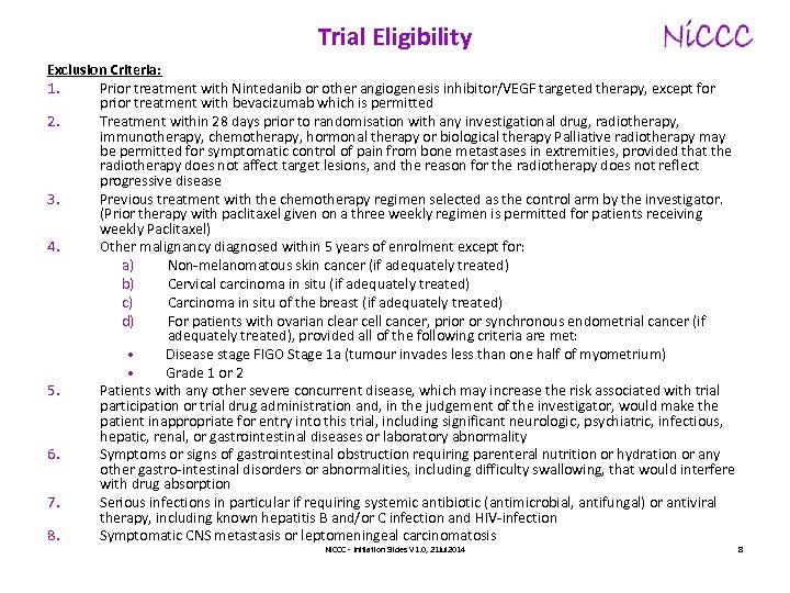 Trial Eligibility Exclusion Criteria: 1. Prior treatment with Nintedanib or other angiogenesis inhibitor/VEGF targeted