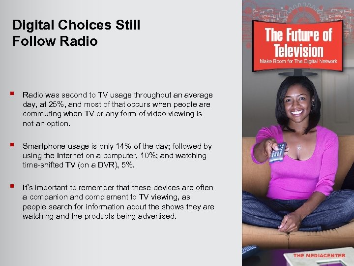 Digital Choices Still Follow Radio § Radio was second to TV usage throughout an