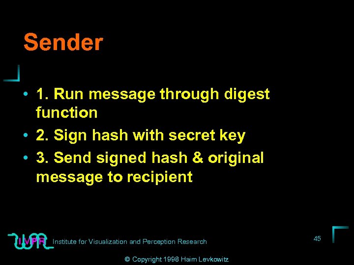 Sender • 1. Run message through digest function • 2. Sign hash with secret