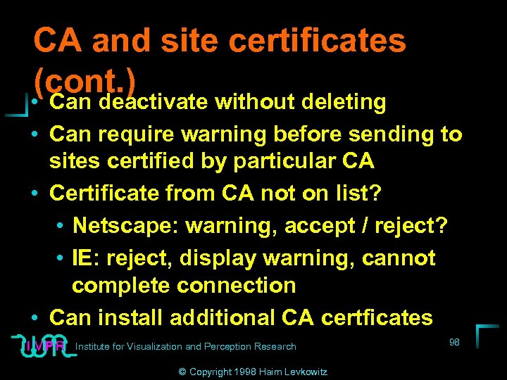 CA and site certificates (cont. ) • Can deactivate without deleting • Can require